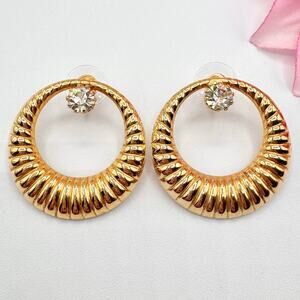 Vintage Textured Circle Hoop Rhinestone Earrings Gold Tone Pressed Metal Light